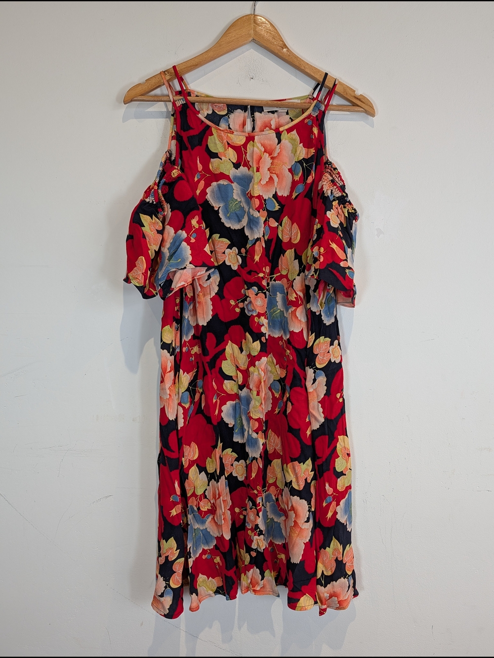LOFT Red Floral Cold-Shoulder Mini Dress, Size Large